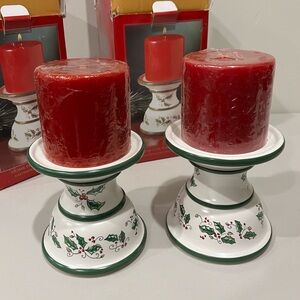 Festive Red Candle with Holly ‘n Berry Designed Ceramic Pedestal Holder-Set of 2
